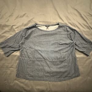 Eileen Fisher Airy Twill Shirt Bateau Neck Boxy Top Organic Cotton Blue Pockets